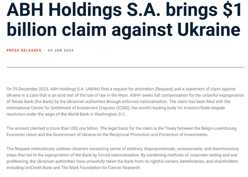 Российские олигархи хотят отсудить у Украины 1 миллиард долларов за национализацию Sense Bank